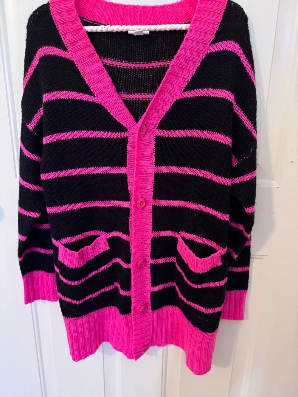 Lularoe Striped Small Lucille Cardigan Button L Hot Pink & Black UNICORN